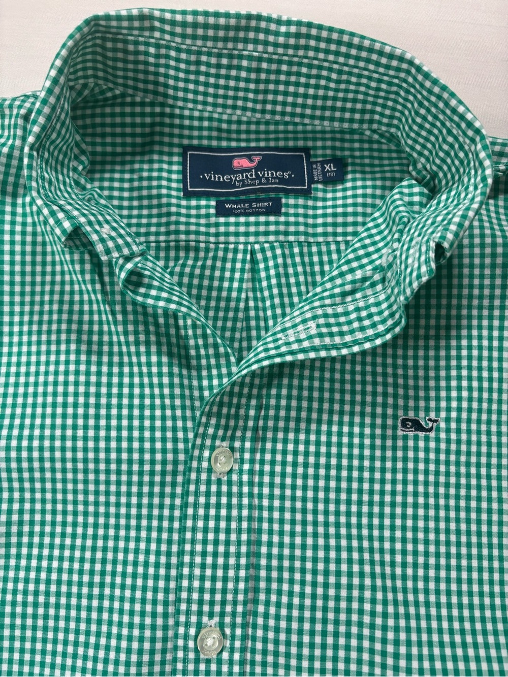 Vineyard Vines Boys XL (18) Green White Gingham Whale Button Down Shirt